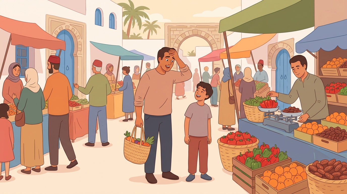 Au marché, un papa surpris par les prix se frotte le front ; son fils sourit à côté de lui